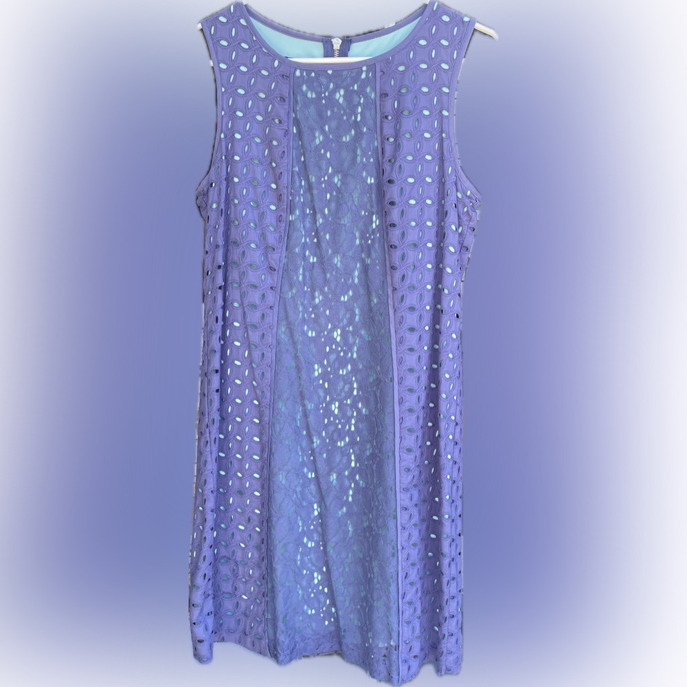 Nine West Dark Blue & Bright Turquoise Eyelet & Lace Dress EUC